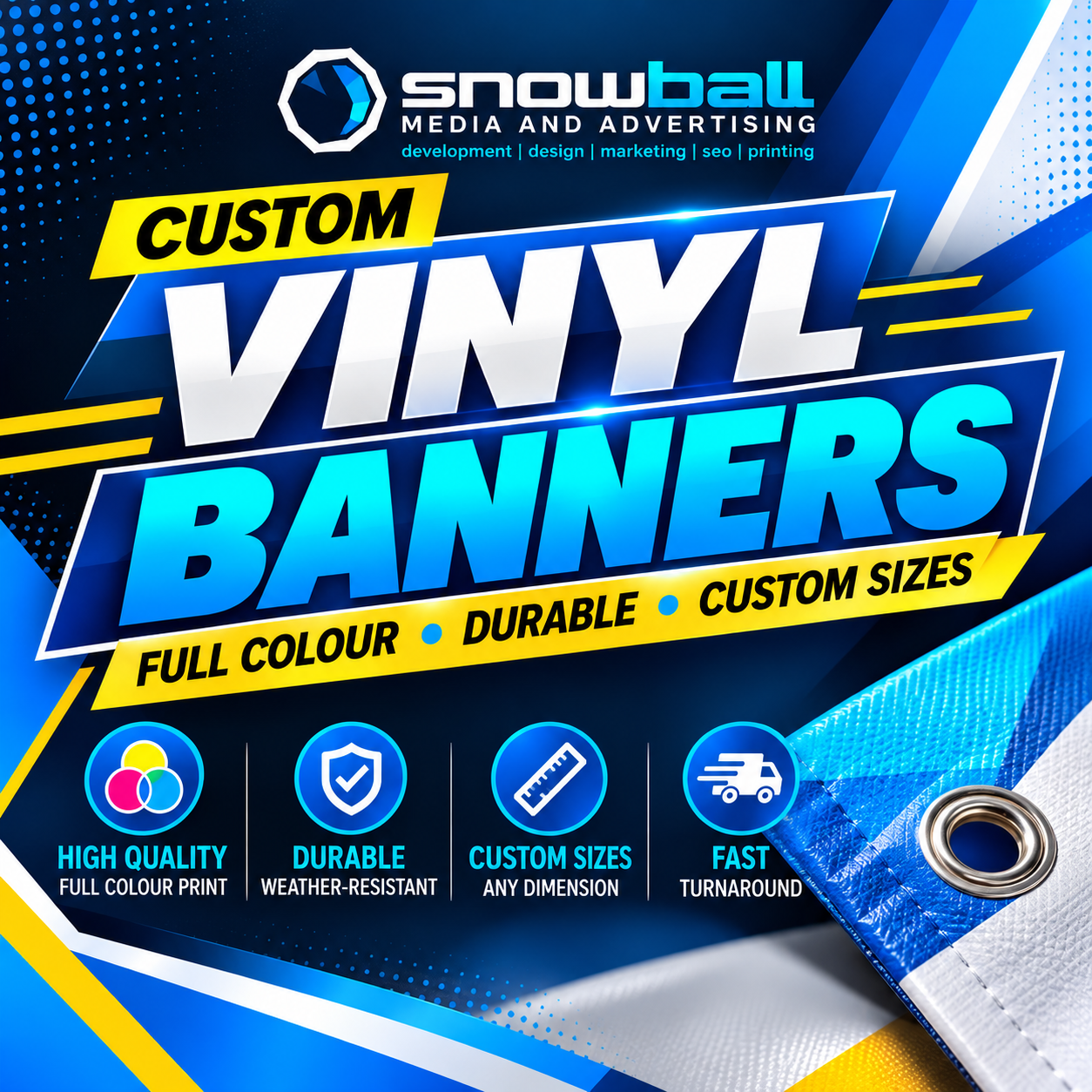 Vinyl banner hung on a fence